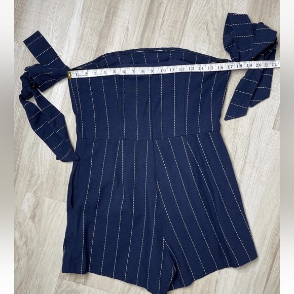 J.O.A. Sunny Sensation Navy Blue Striped Off-the-Shoulder Romper - Picture 3 of 7